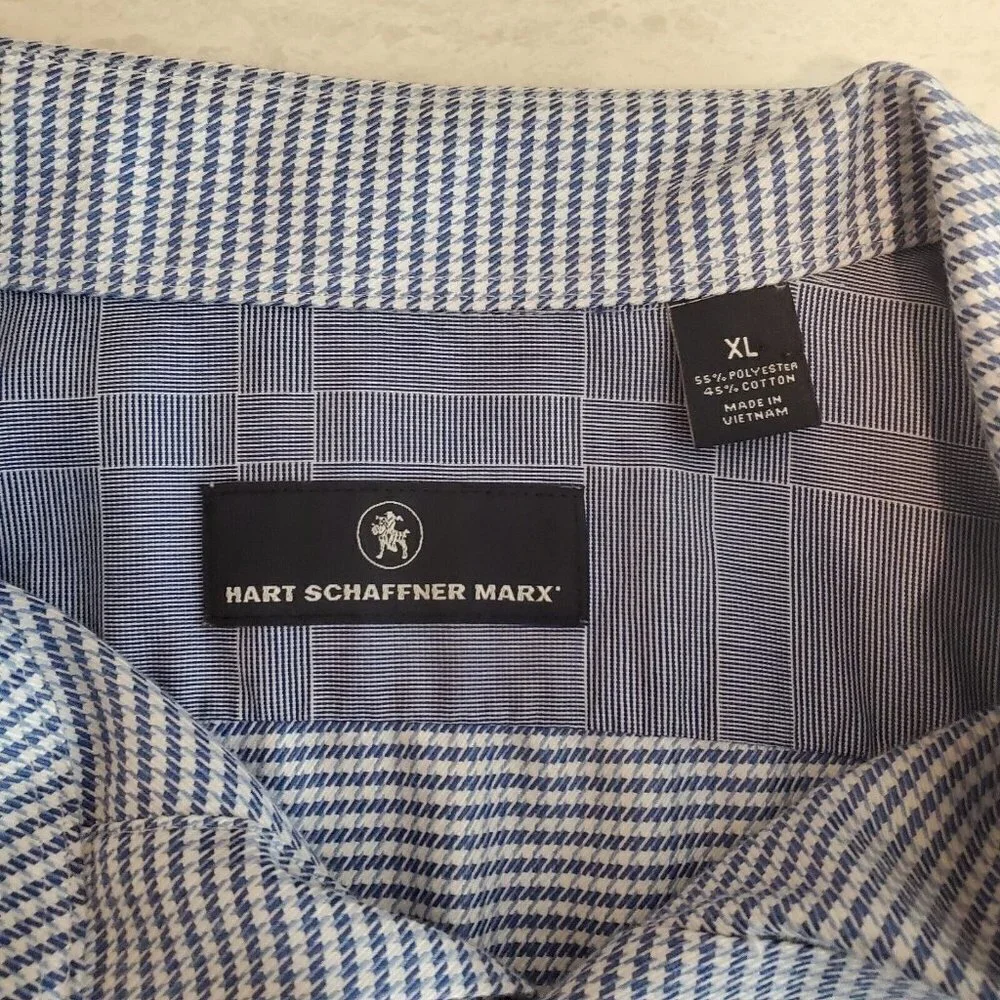 Hart Schaffner Marx Button Up Dress Shirt Mens XL Blue Puppytooth Long‎ Sleeve